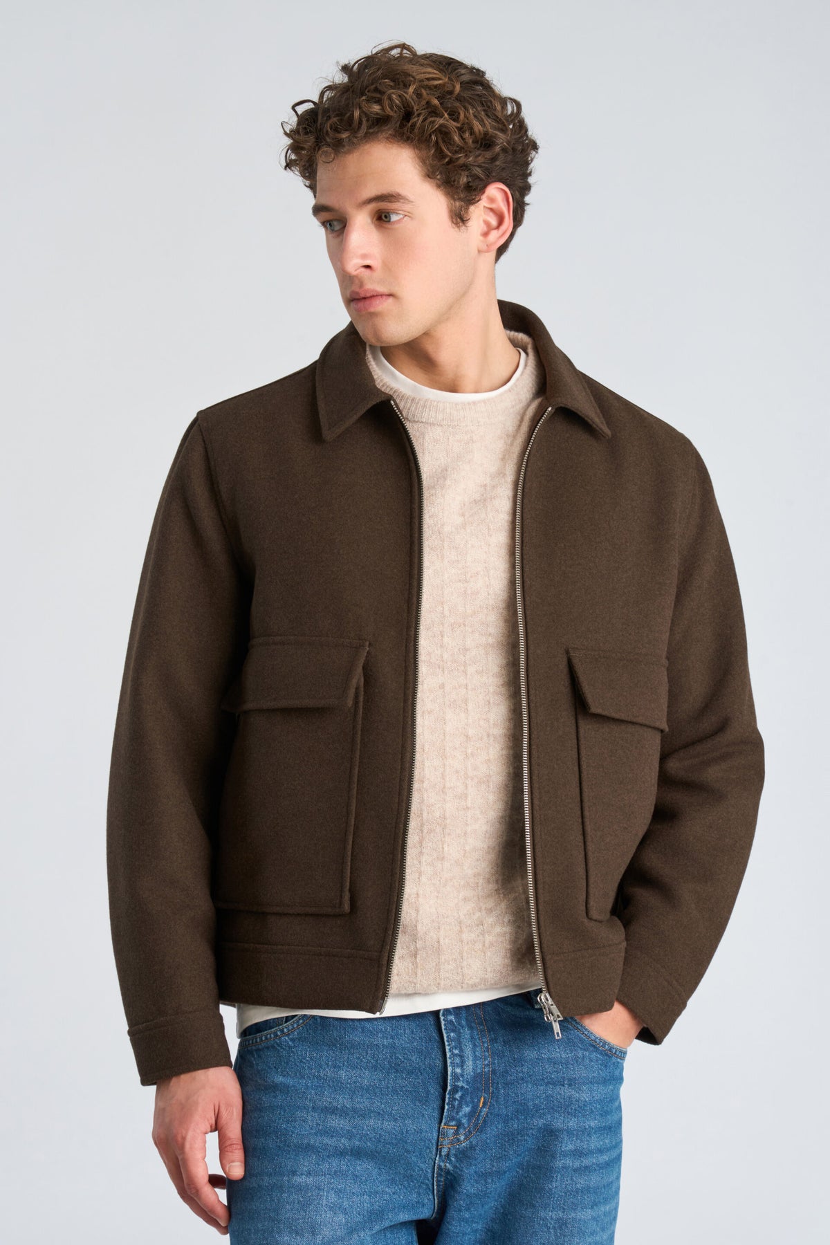 Lindbergh Wool Blend Jacket Dark Brown Melange - modellbilde forfra