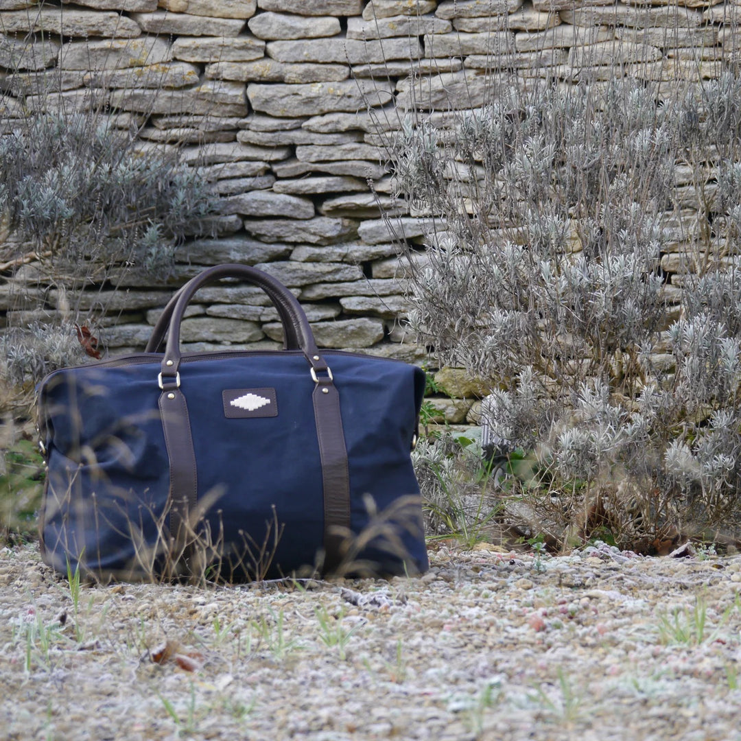 Caballero Large Travel Bag - Brown Leather and Navy Canvas With Cream Stitching