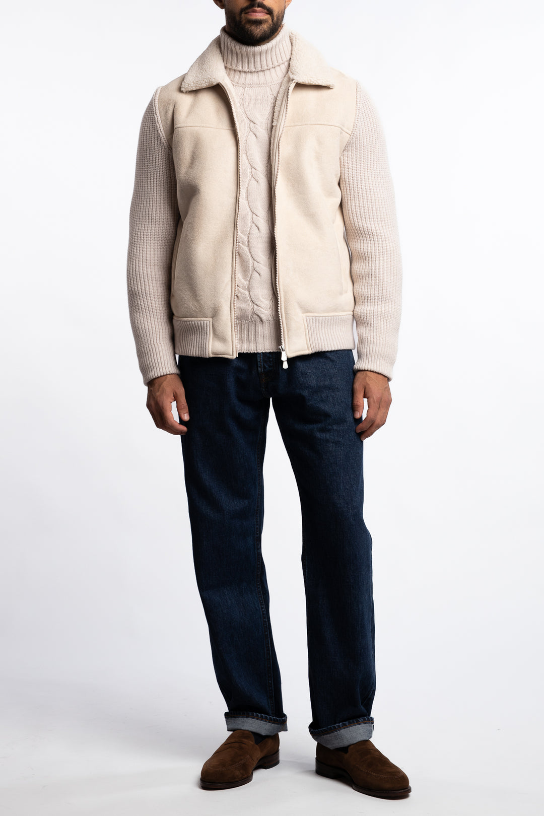 Eco-Mouton Jacket With Knit Sleeves Cream