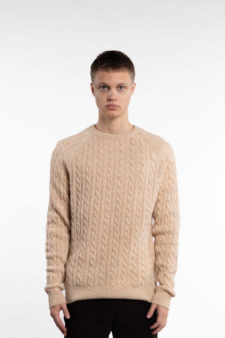 Lambswool Raglan Cable O-Neck Lt Sand