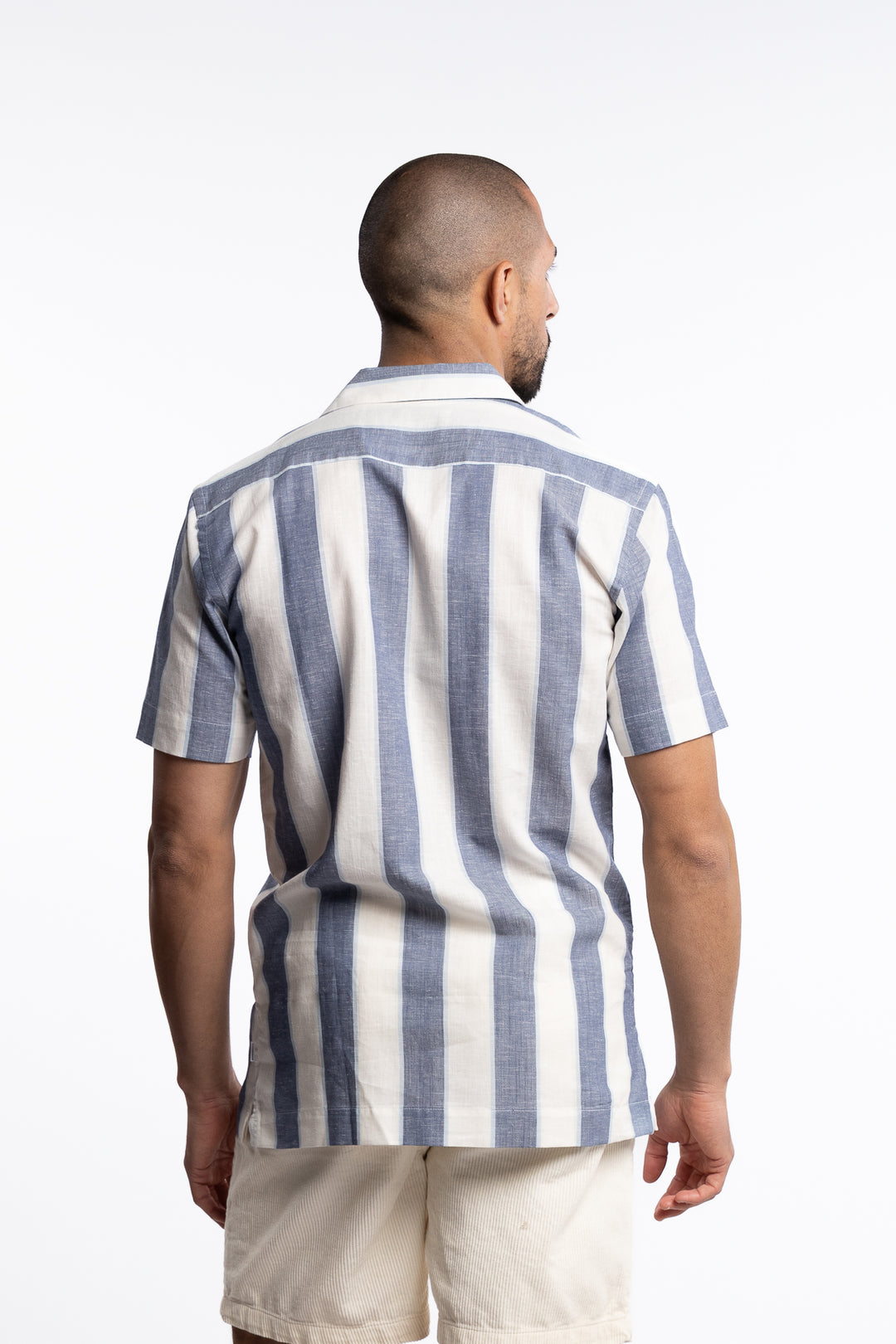 Striped Linen/Cotton Shirt S/S Dk Blue