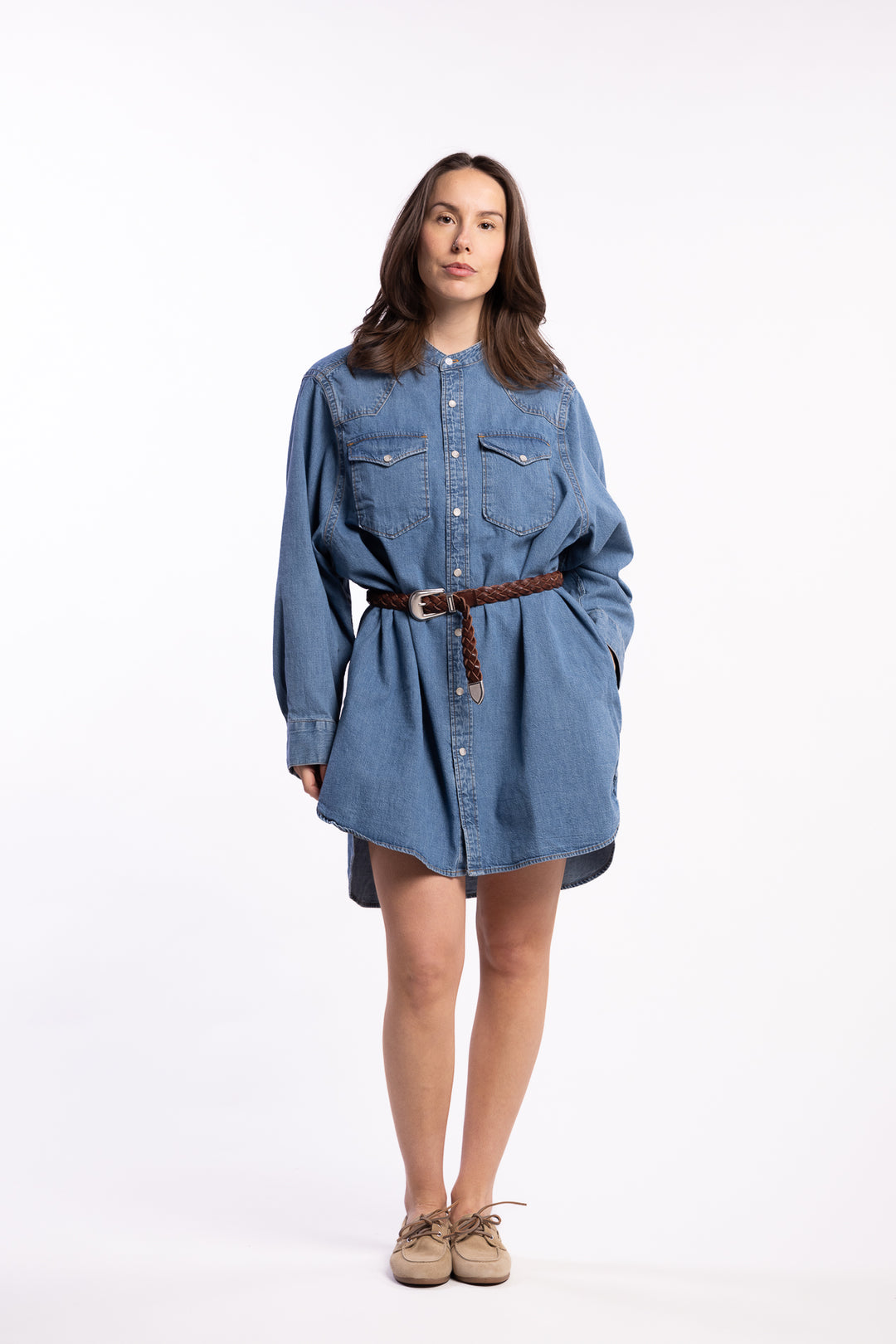 Western Denim Shirt Dress- Washed Mid Blue