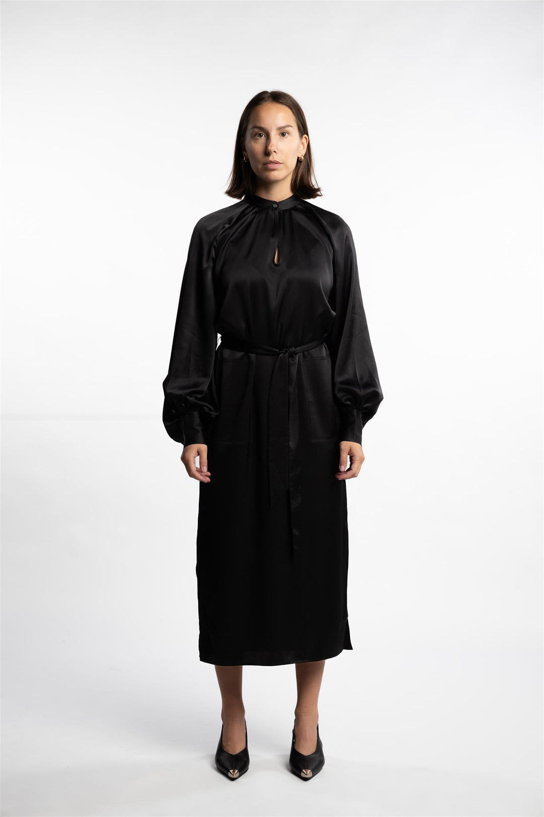 Belted Longsleeve Dress- Black