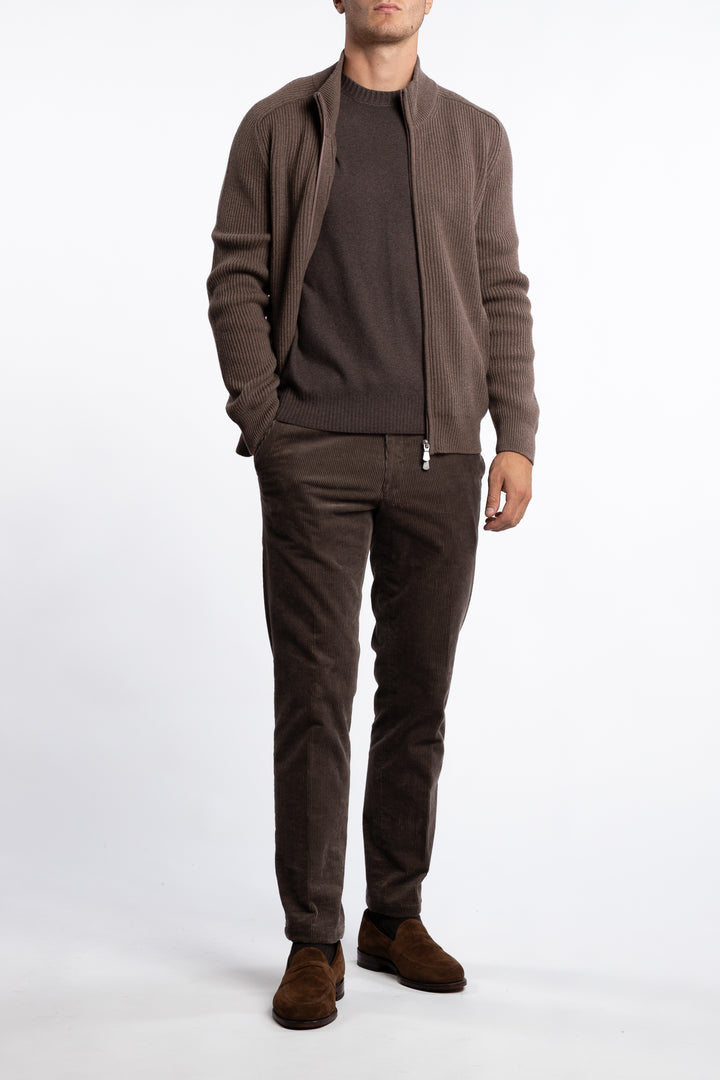 Virgin Wool Ribbed Full-zip Brown