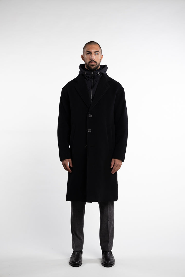 Nylon Hooded Wool Coat Black