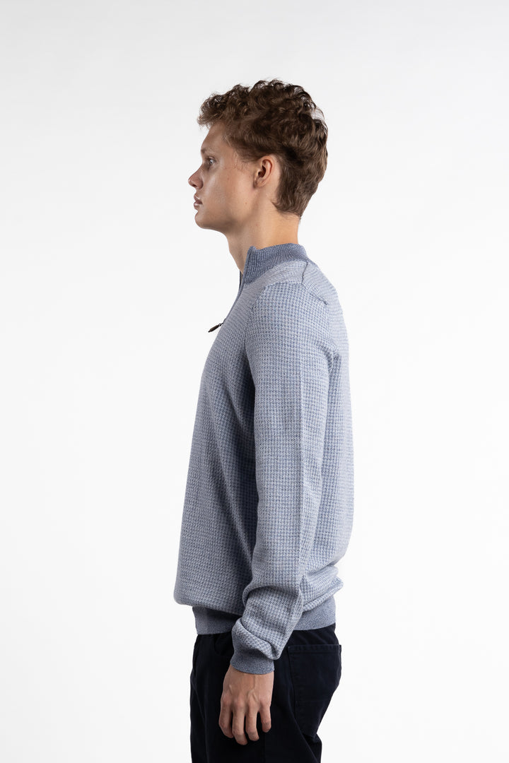 Sweater Half Zip Pepita Merino Wool Light Blue