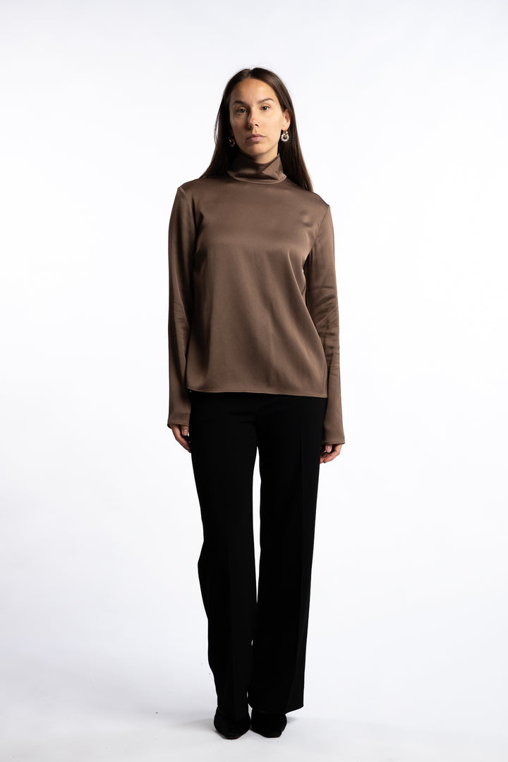 Turtleneck Satin Blouse- Oak Brown