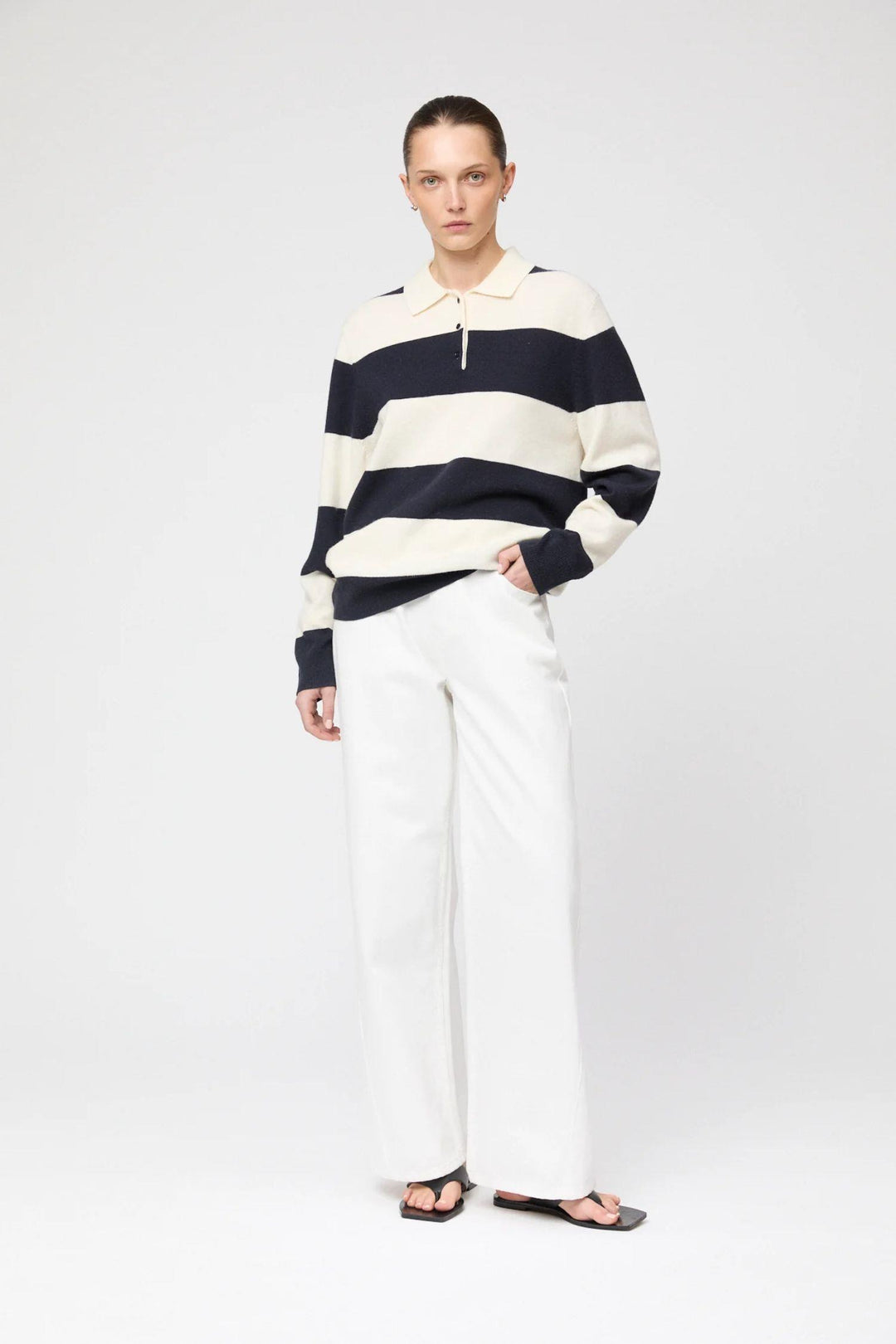 Estate Pique Sweater- Navy Macademia Stripe