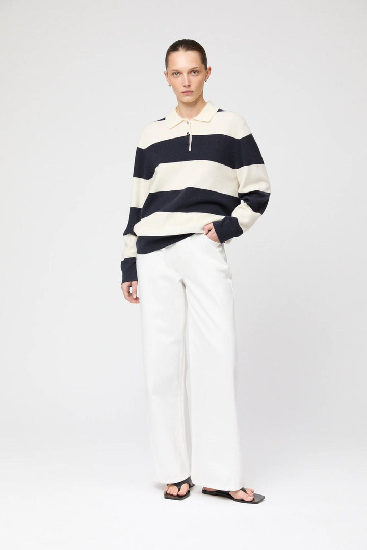 Estate Pique Sweater- Navy Macademia Stripe