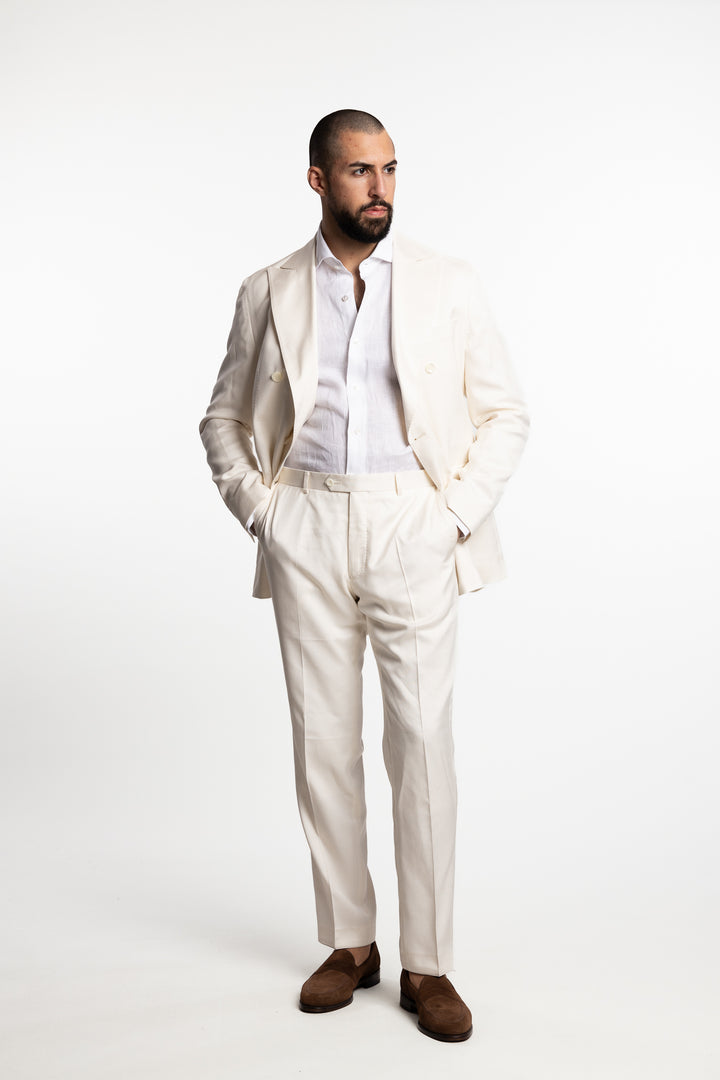 Farris Denz Double Breasted Birdseye Suit Off-White