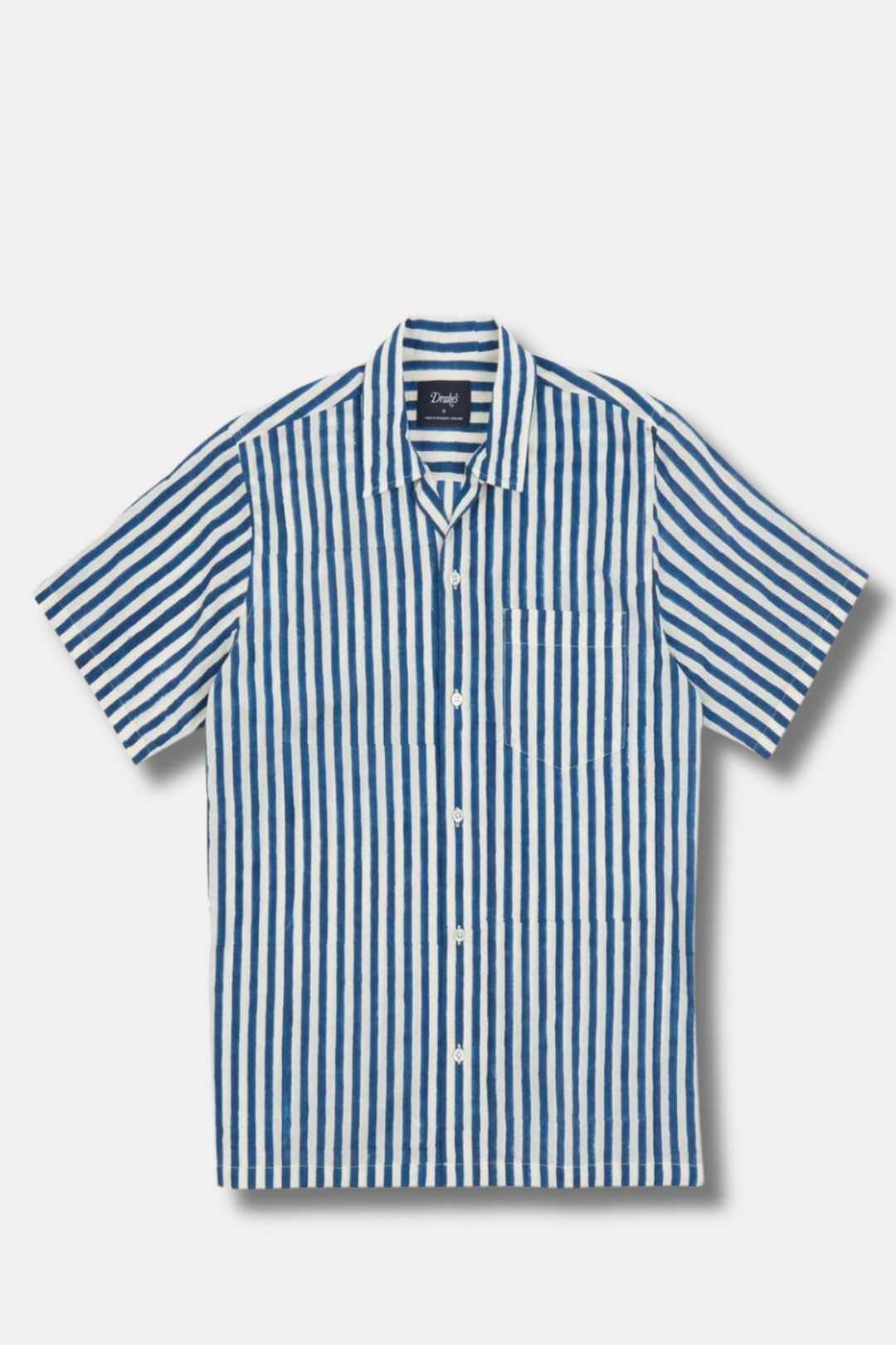 Short Sleeve Cotton Block Print Camp Collar Blue Stripe