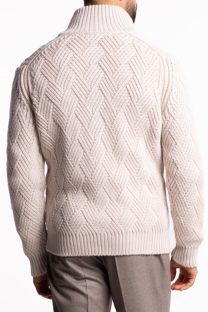 Wool Full-Zip Cable Knit Cardigan Off White