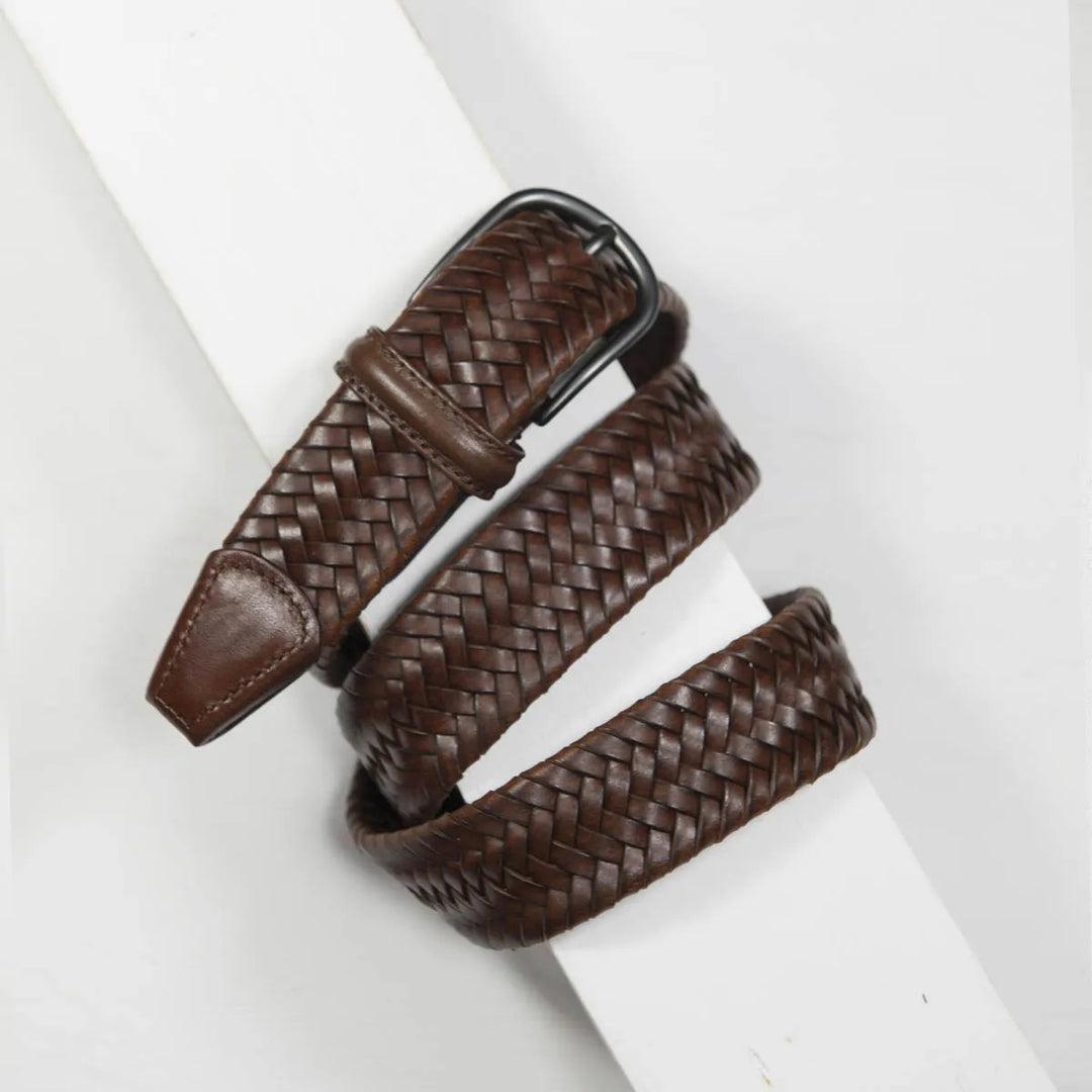 Stretch Woven Leather Belt Brown 3,5 cm