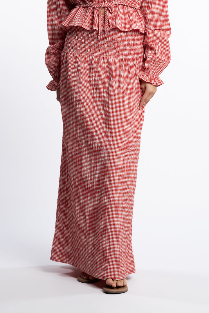 Indiana long smock skirt - Poppy Red Checked