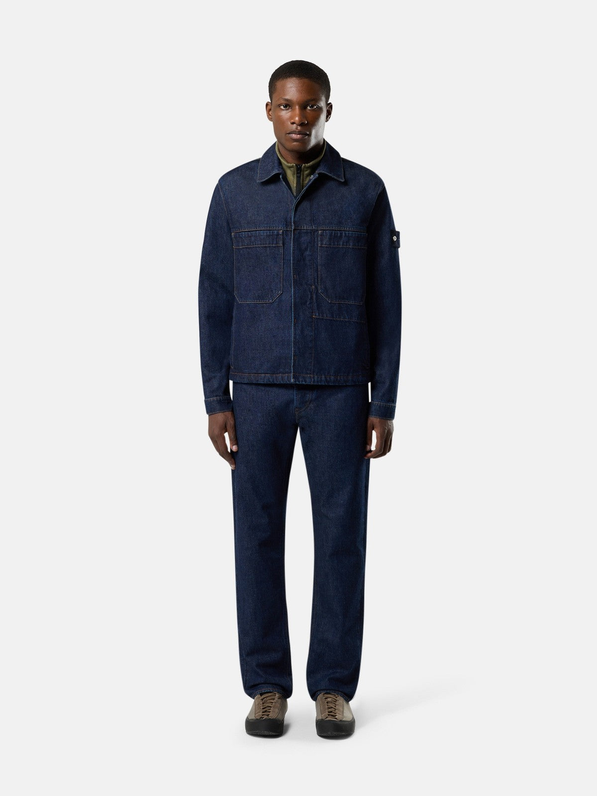 4100006 Indigo Denim Rinsed Biker Jacket - modell nærbilde
