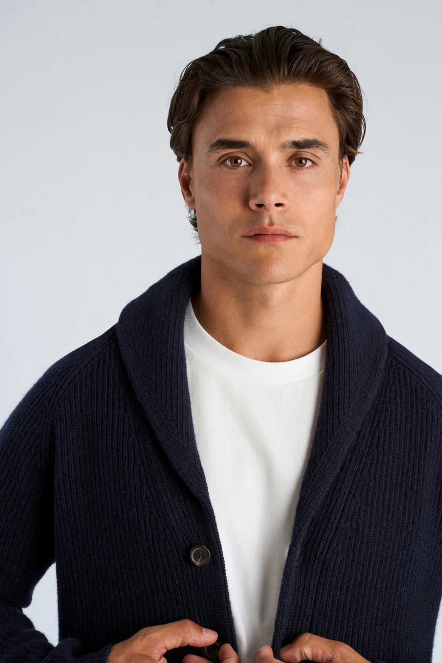 Lambswool Shawlcollar Cardigan Navy - detaljbilde