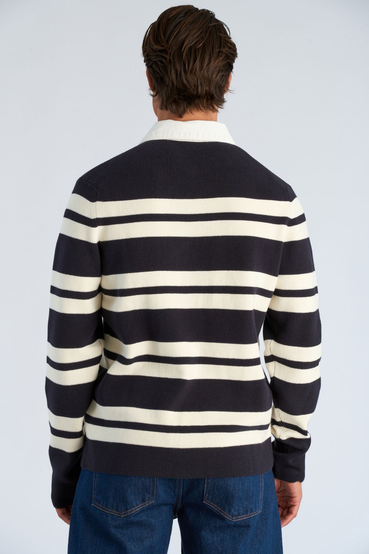 Knit Striped L/S Rugby Shirt Navy - modellbilde bakfra