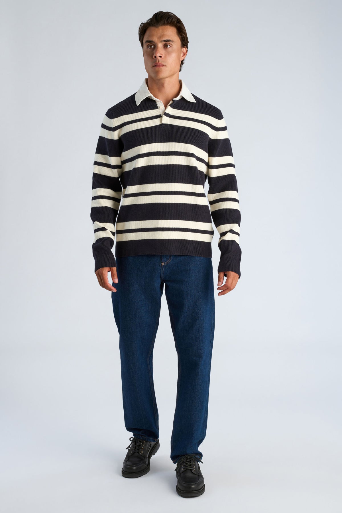 Knit Striped L/S Rugby Shirt Navy - modellbilde forfra