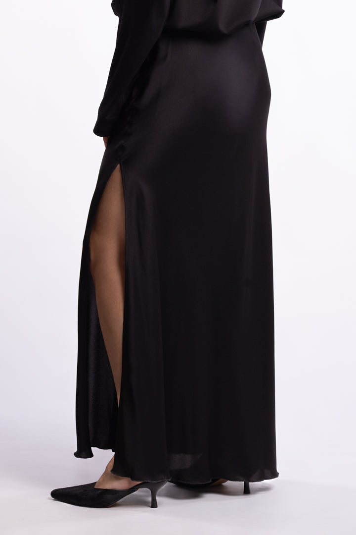 Hana Long Silk Skirt- Black