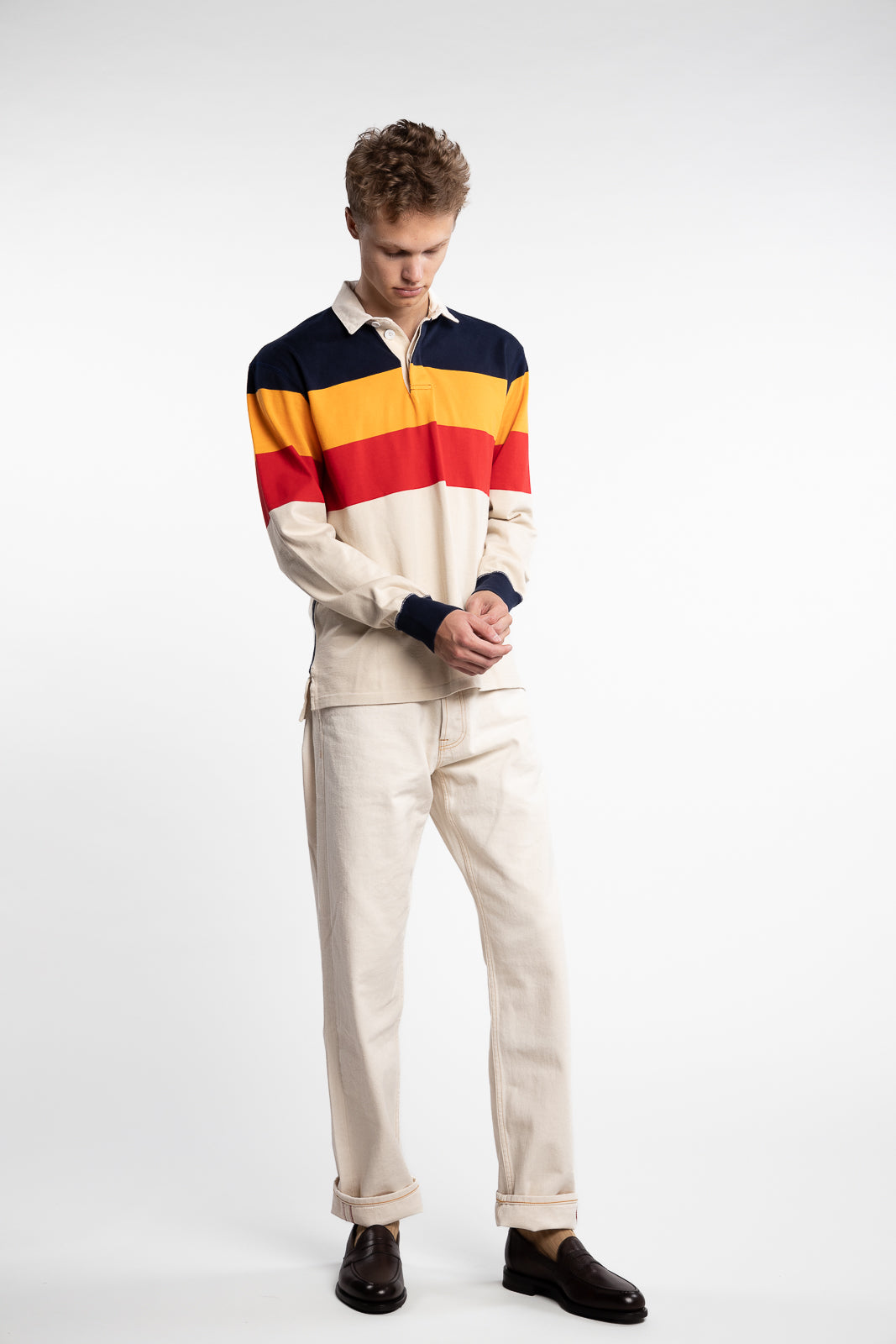 Cotton Rugby Shirt Navy/Yellow/Red Block Stripe