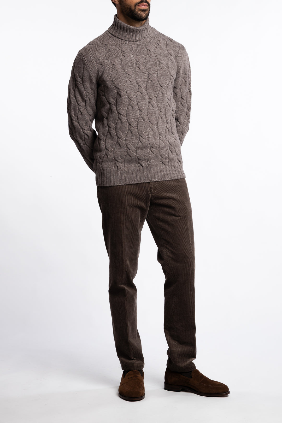 Cabled Virgin Wool Turtleneck Brown