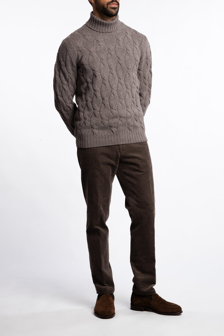 Cabled Virgin Wool Turtleneck Brown