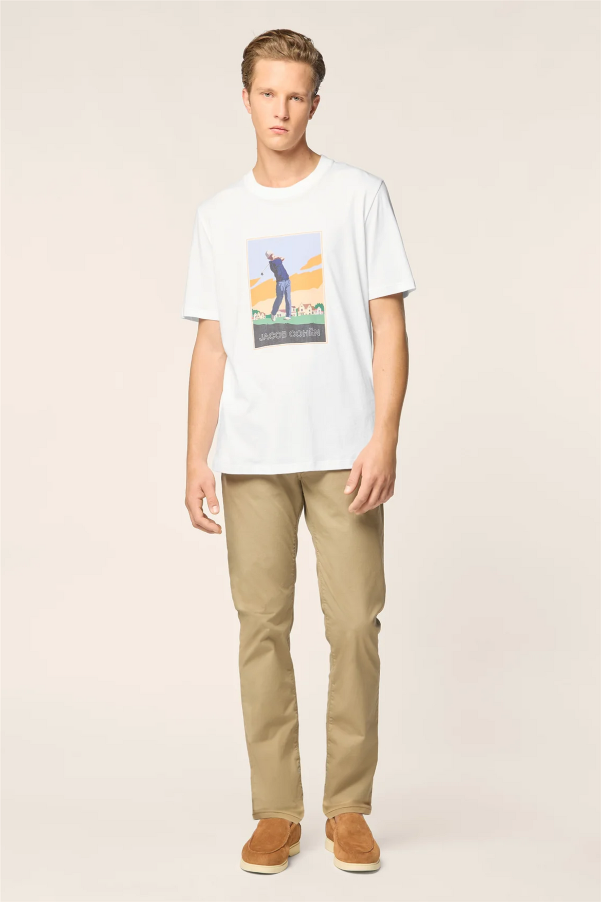 Jersey T-shirt in White Cotton with Multicolour Golf Print