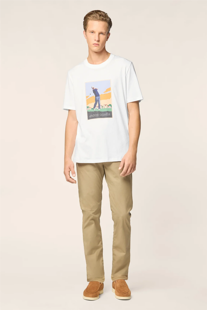 Jersey T-shirt in White Cotton with Multicolour Golf Print