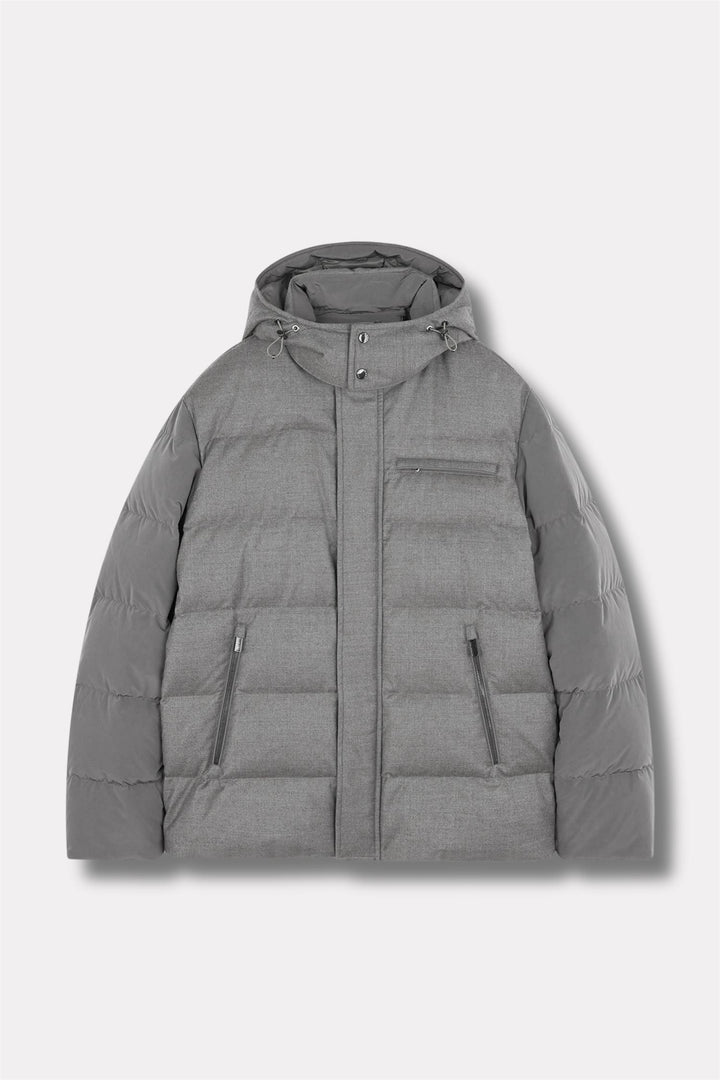 Wool And Silk Puffer Jacket With Contrast Inserts Taupe Suede