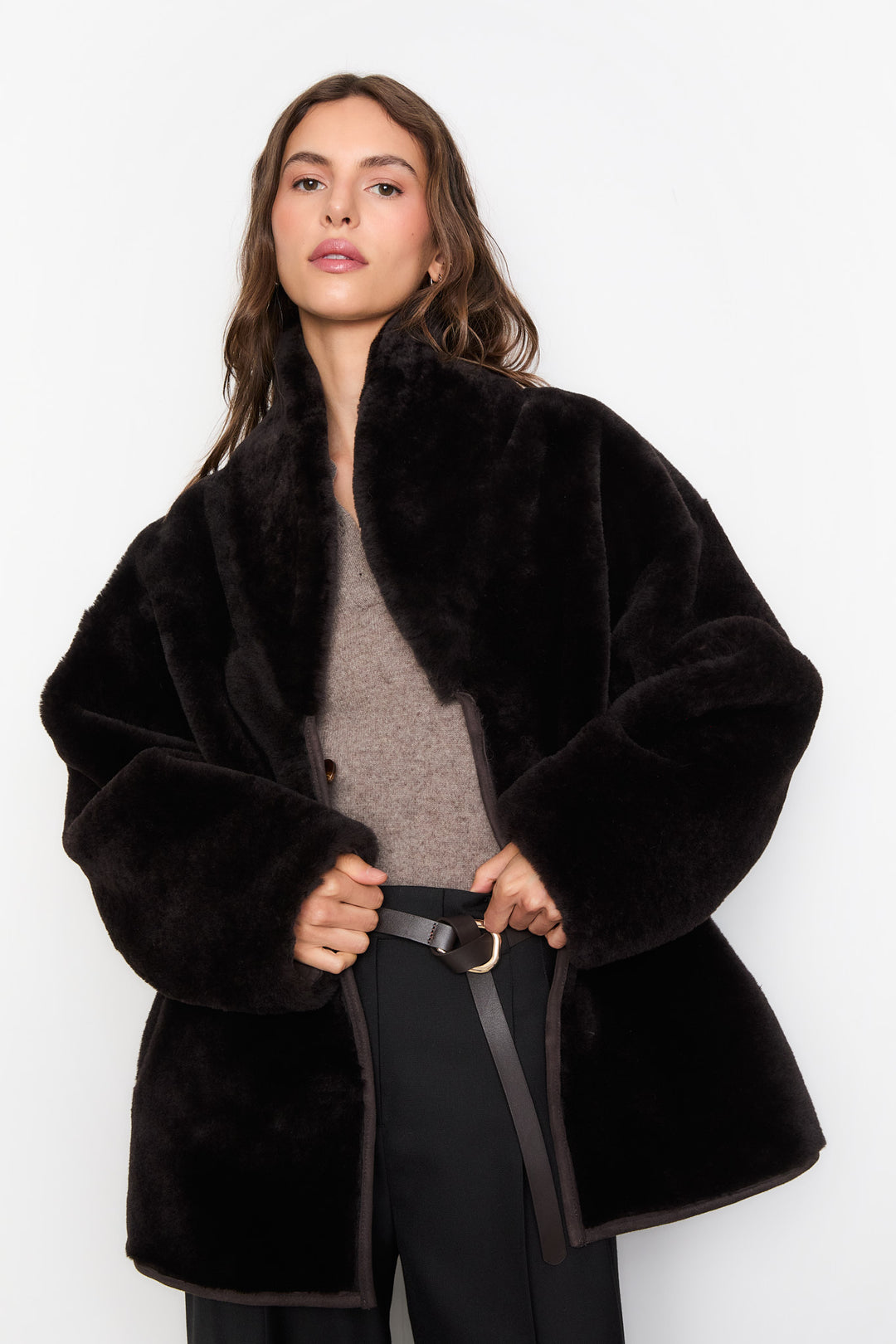 Melli Shearling Jacket- Dark Brown Suede