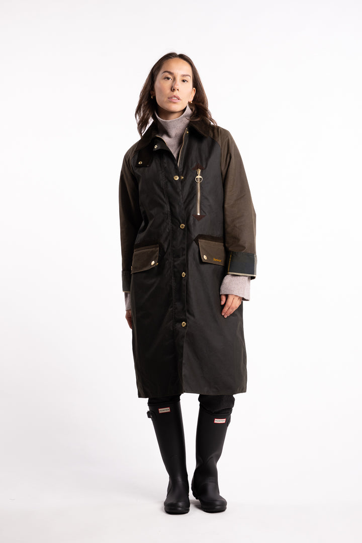 Long Evette Wax Jacket- Olive