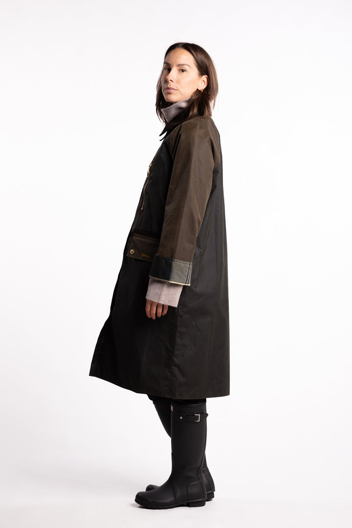 Long Evette Wax Jacket- Olive