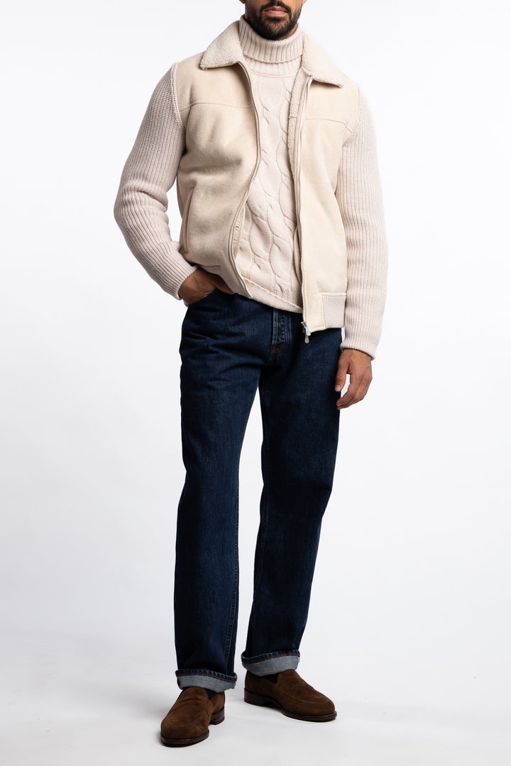 Eco-Mouton Jacket With Knit Sleeves Cream