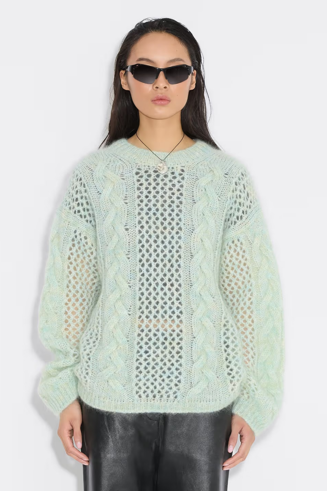 Mohair Cable Knit Crew - Green Mix