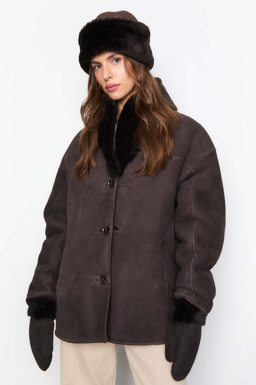 Melli Shearling Jacket- Dark Brown Suede