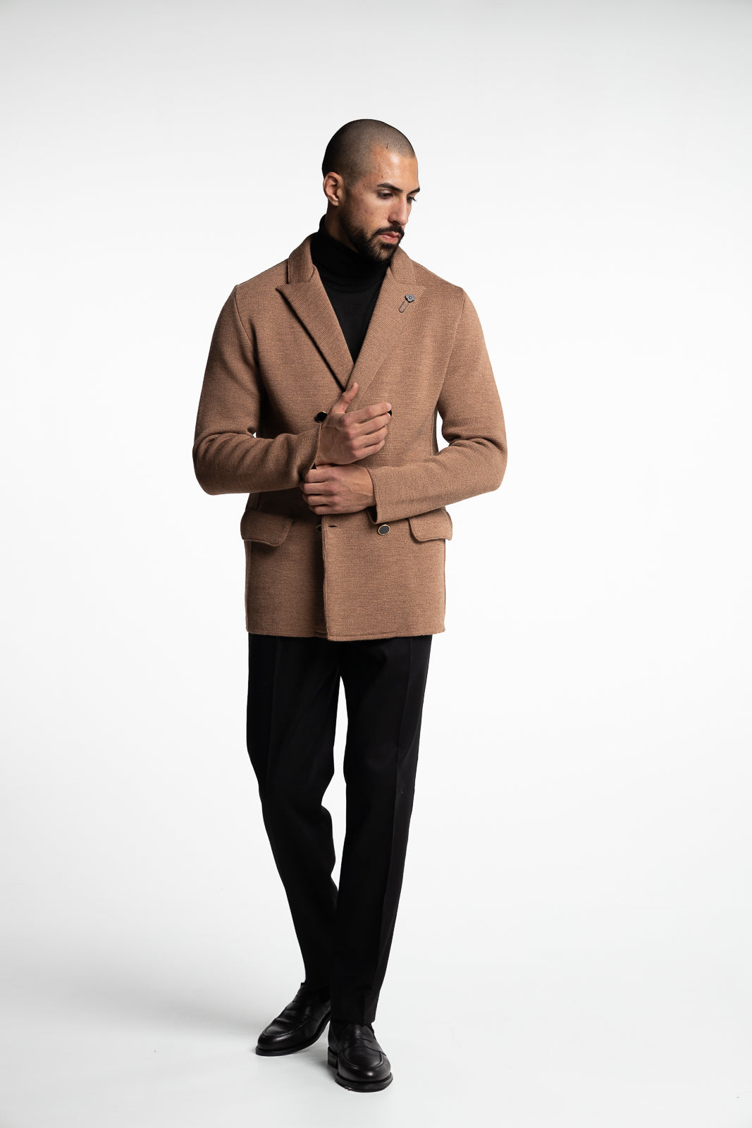 Knitted Double-breasted Cotton Blazer Cognac