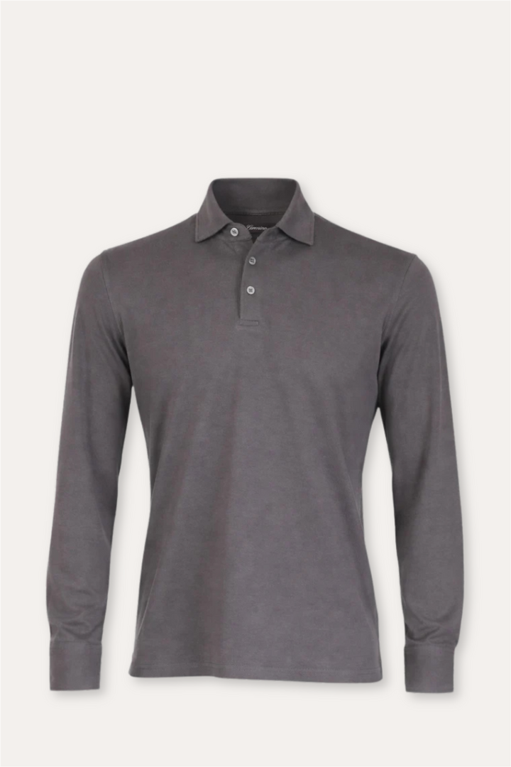Theo Jersey Cotton Long Sleeve Polo Dark Grey