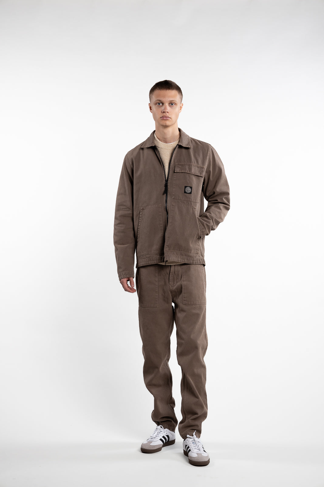 Panama Cotton 'Old' Effect Overshirt with Zip Fastening Walnut Brown