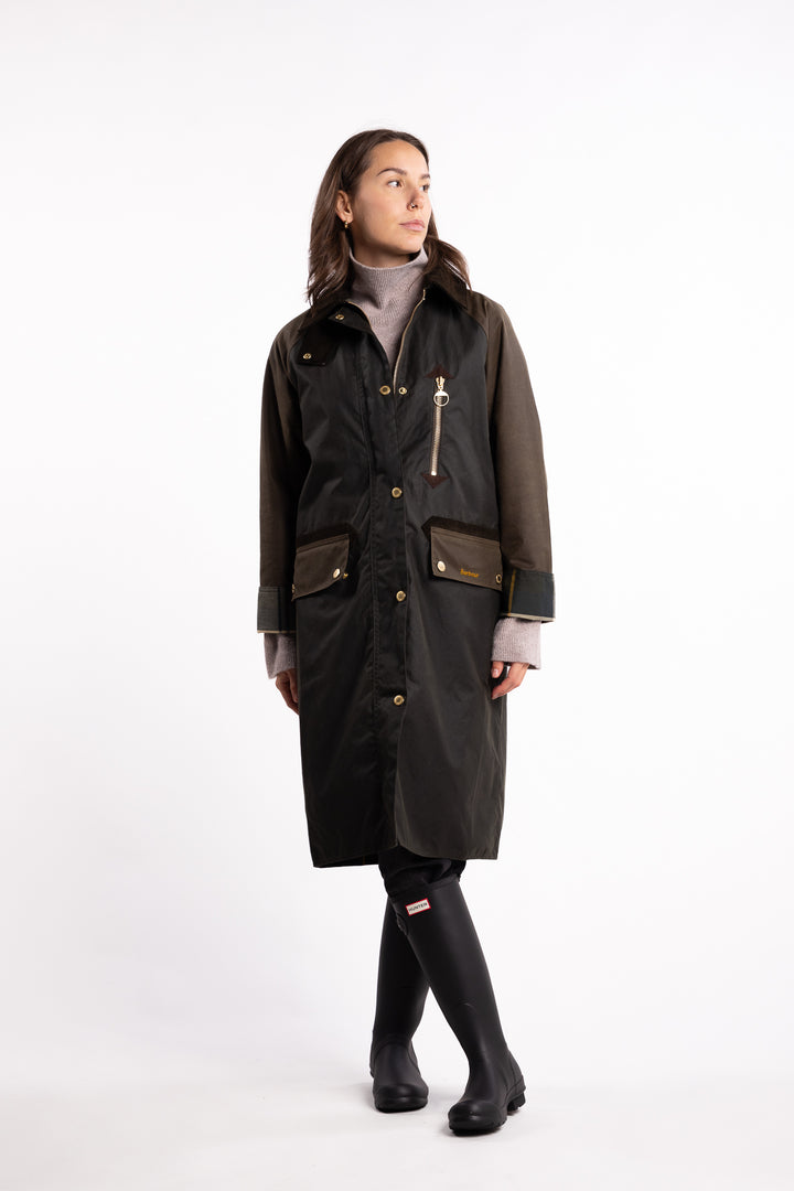 Long Evette Wax Jacket- Olive
