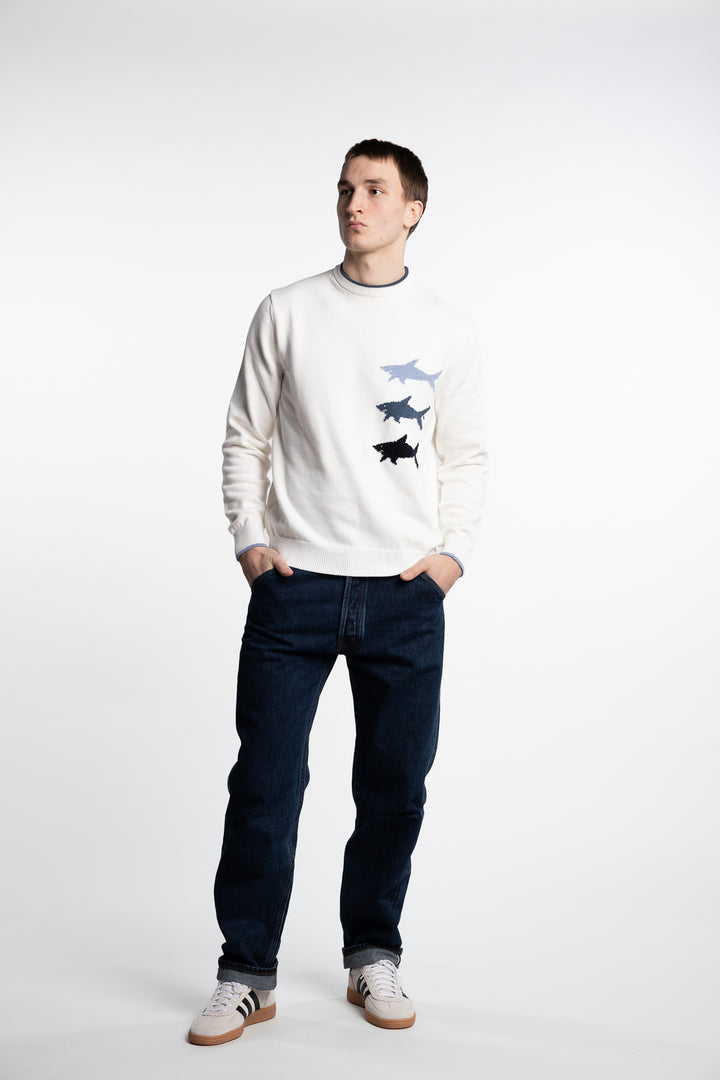 Sharks Intarsia Jacquard Cotton Crew White