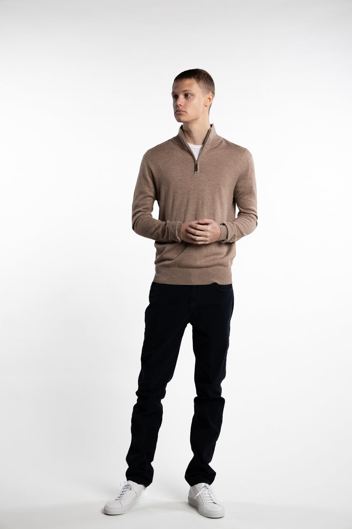 Knitted Wool Cashmere Half-Zip Light Brown