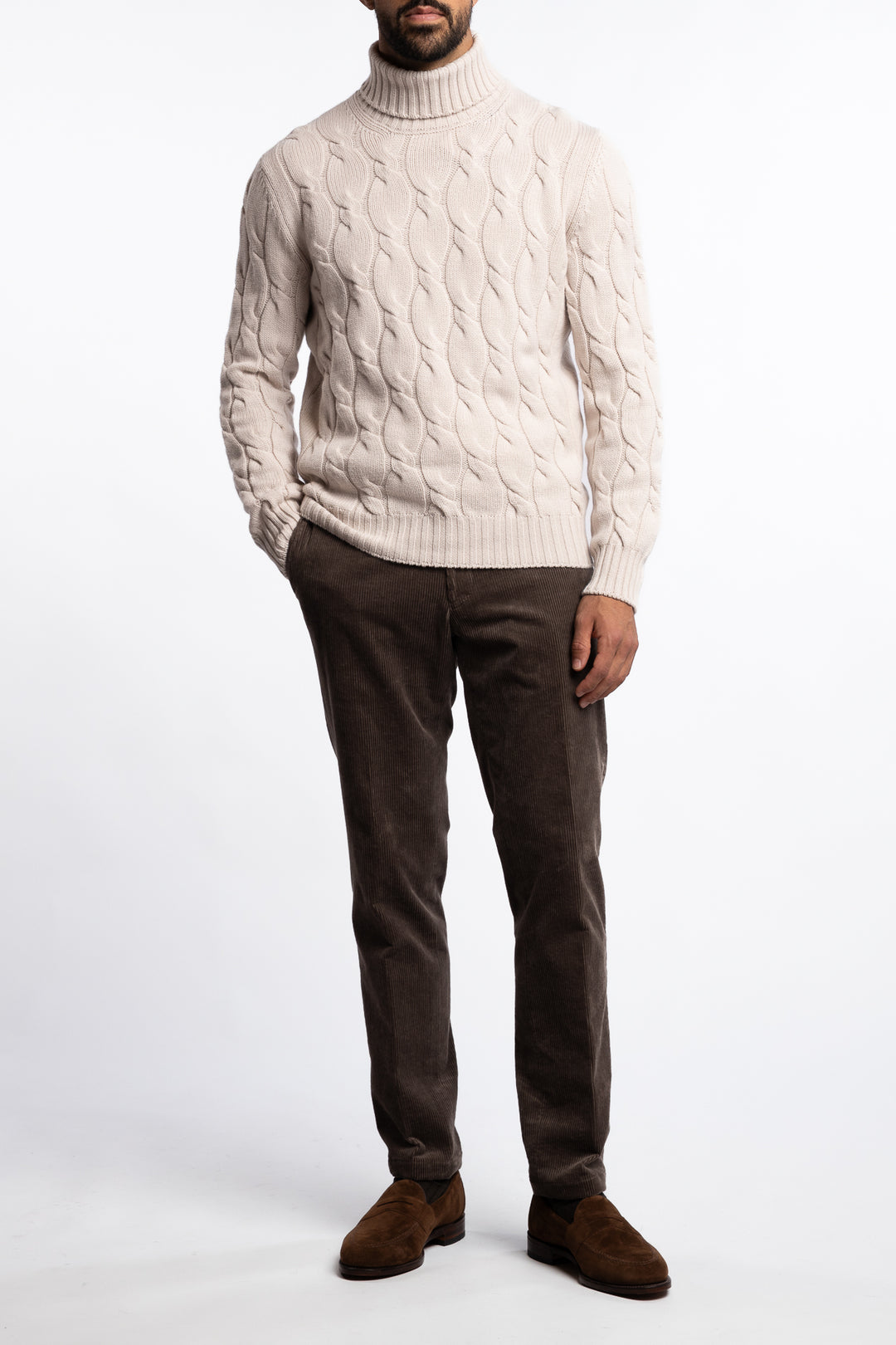 Cabled Virgin Wool Turtleneck Beige