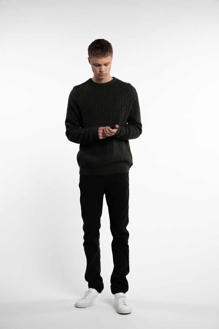 Lambswool Raglan Cable O-Neck Army