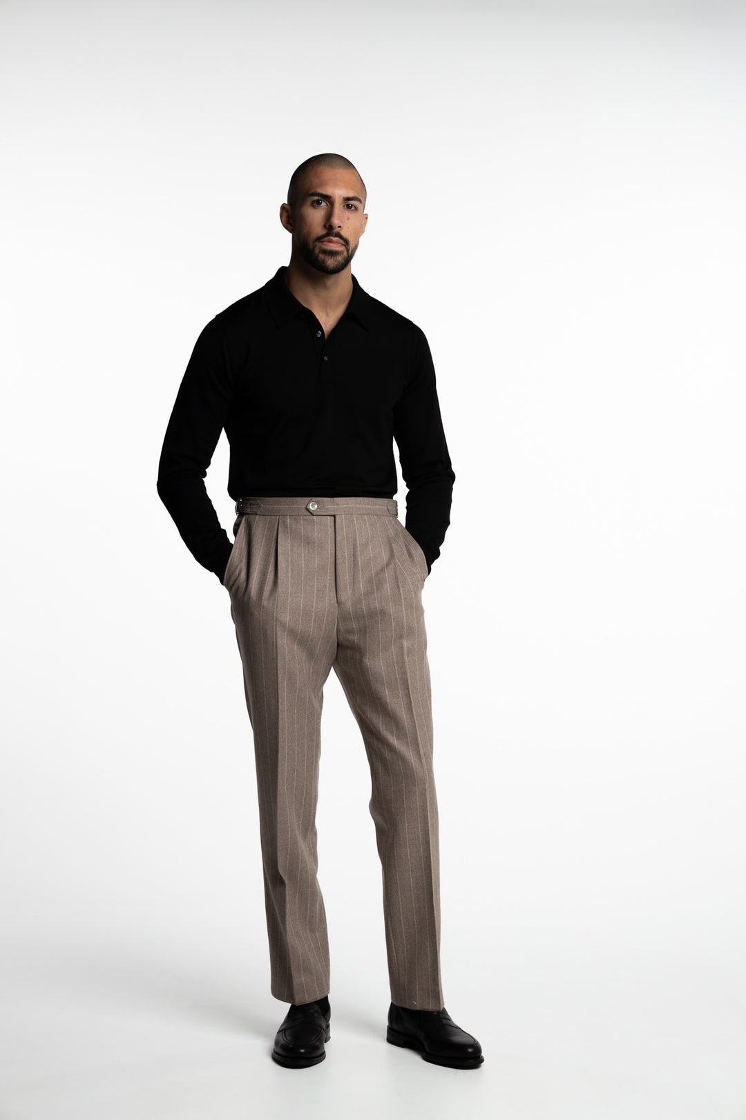 Delon Side Adjuster Wool Trousers Sand Beige Pinstripe