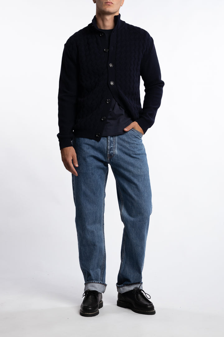 Cableknit Wool Cardigan Navy