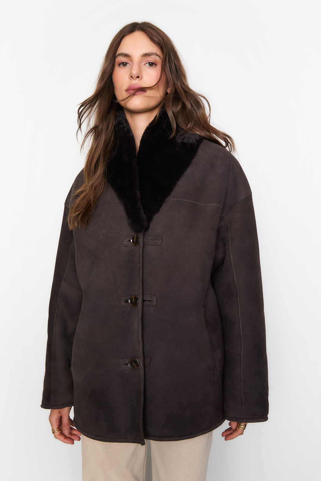Melli Shearling Jacket- Dark Brown Suede