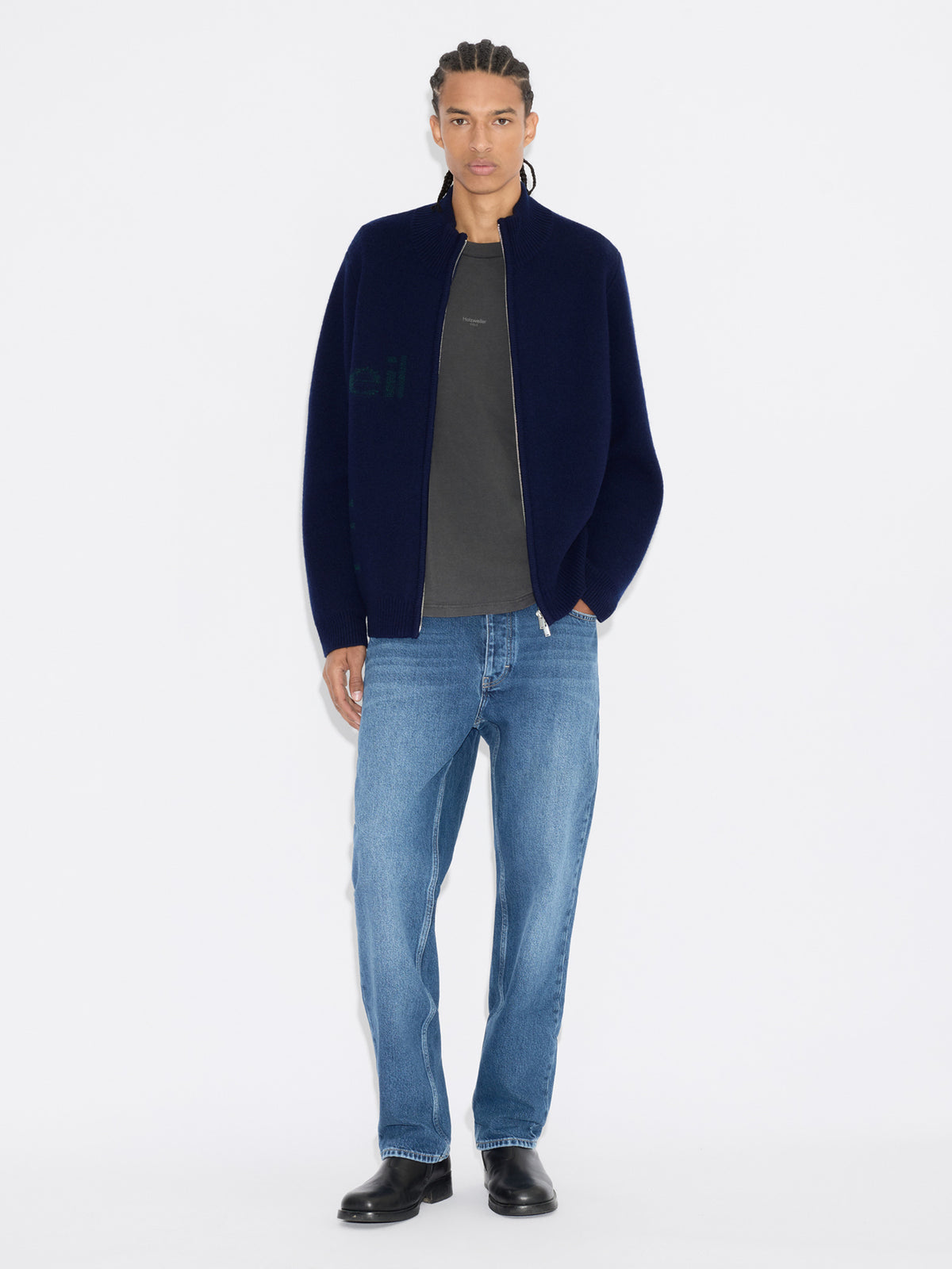 Haza Logo Zip-Up Cardigan Navy Mix