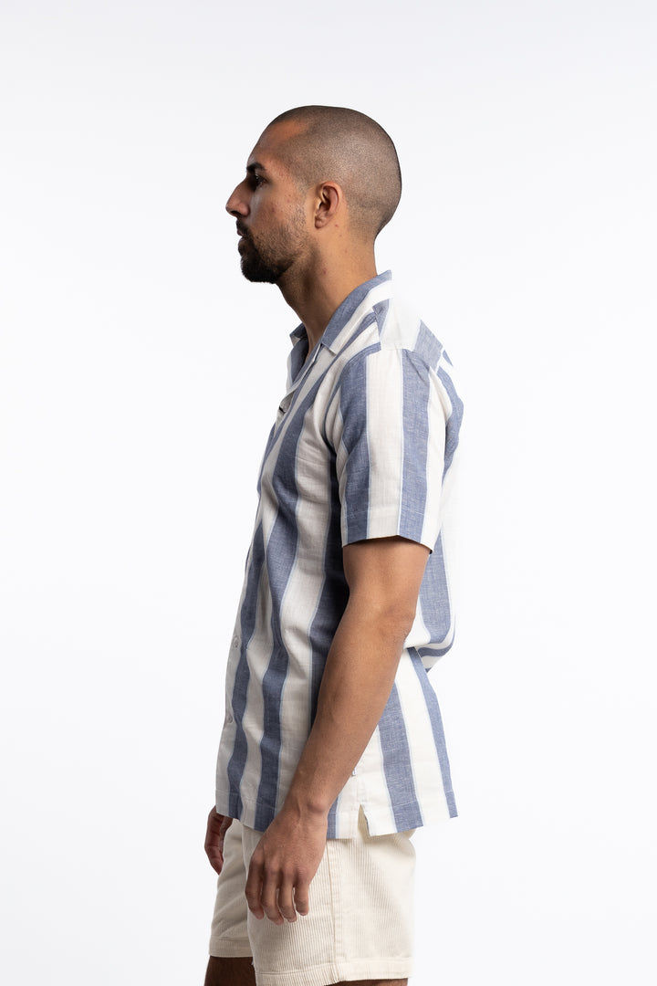 Striped Linen/Cotton Shirt S/S Dk Blue