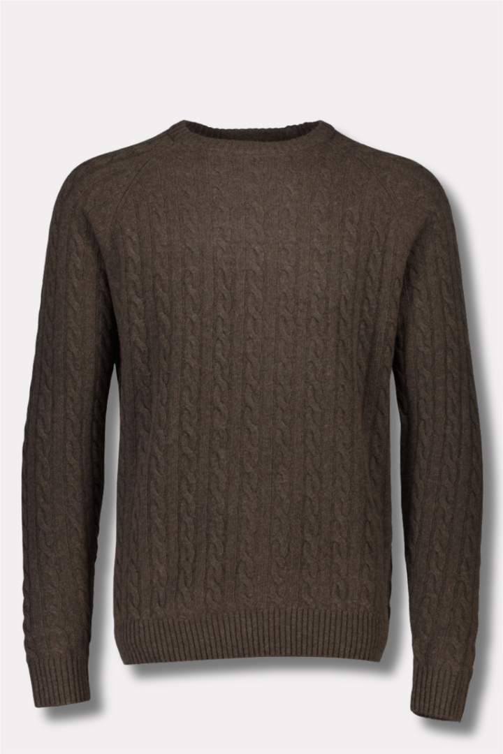 Lambswool Raglan Cable O-Neck Dk Brown Mel