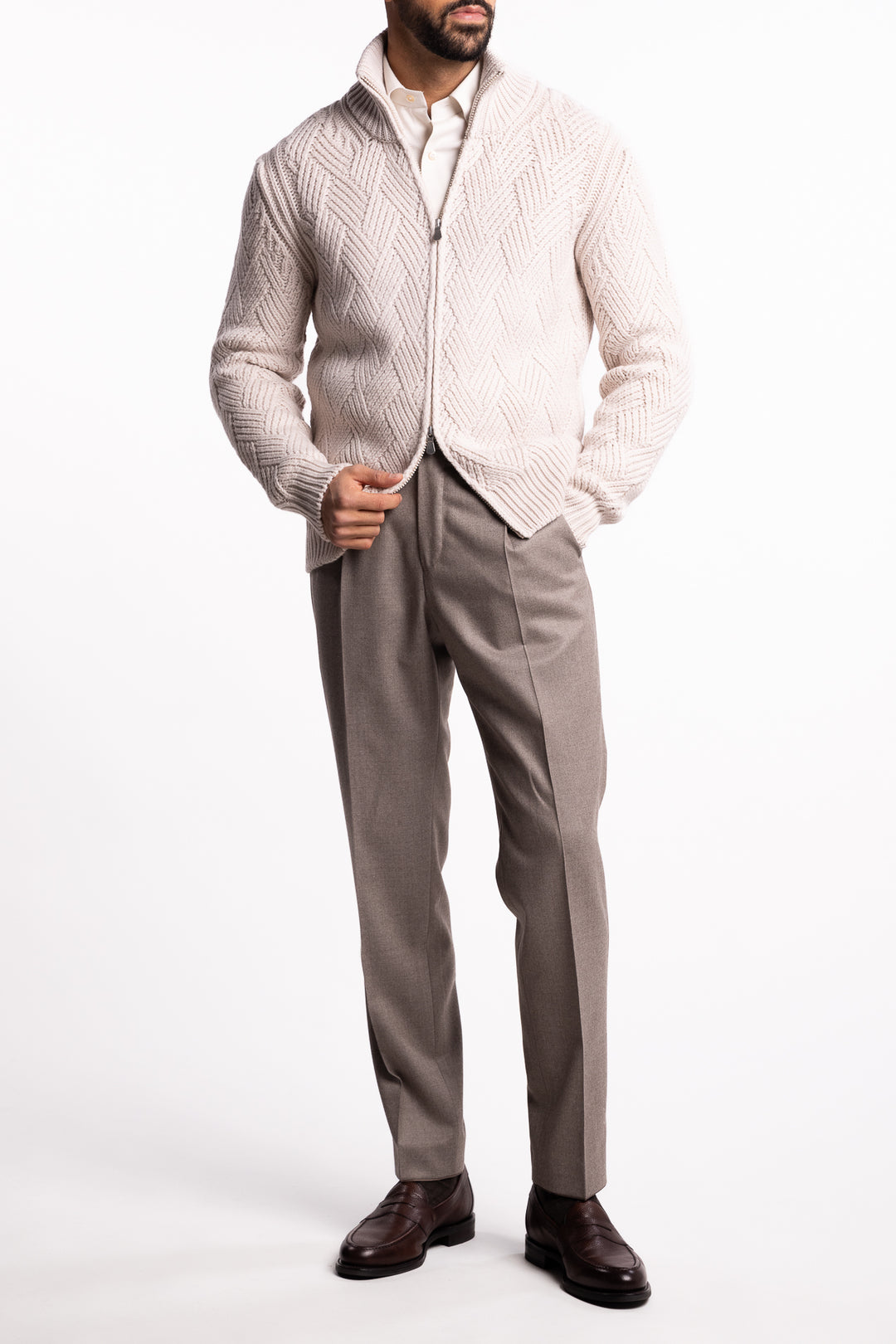 Wool Full-Zip Cable Knit Cardigan Off White